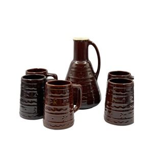 (1) Vtg Marcrest Stoneware Large Wine Carafe Water Pitcher Brown with 5 mugs